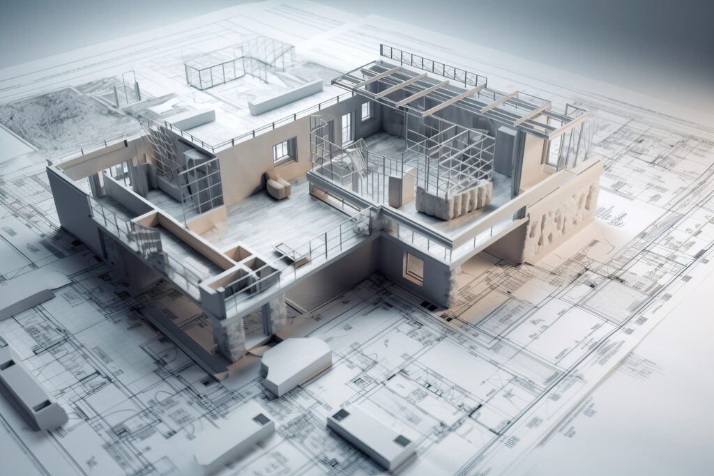 An architectural 3D model showing a structure under construction, revealing load-bearing walls, interior framing, and open framework — placed over detailed blueprints.
