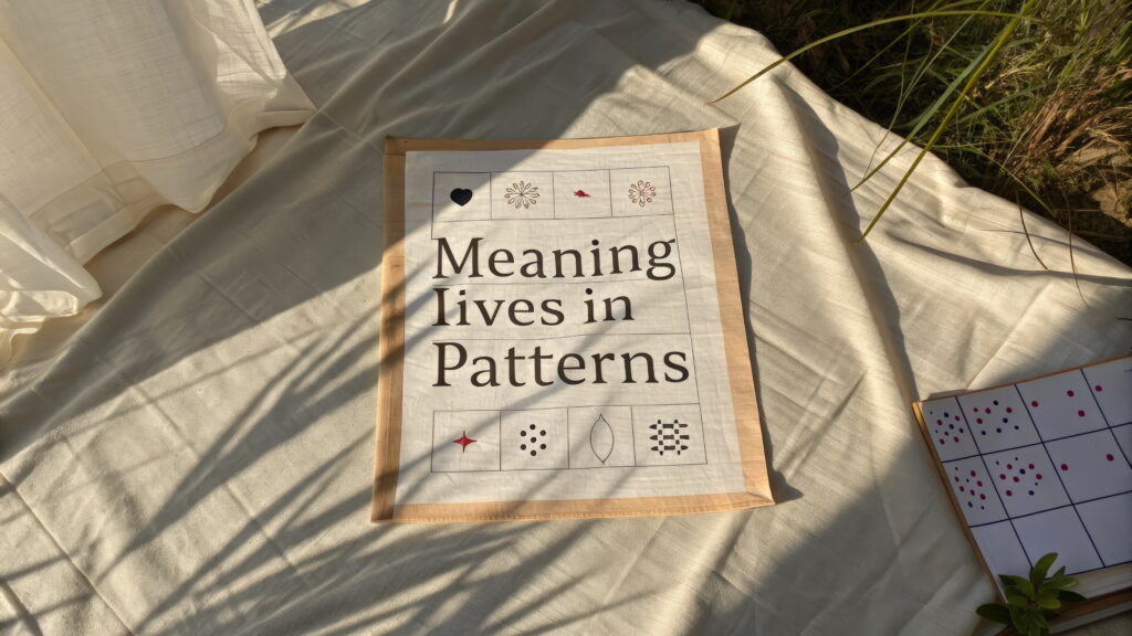 Framed print reading “Meaning Lives in Patterns” resting on soft fabric in natural light.