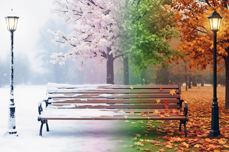 City park bench through four seasons with changing lamppost illustration.
